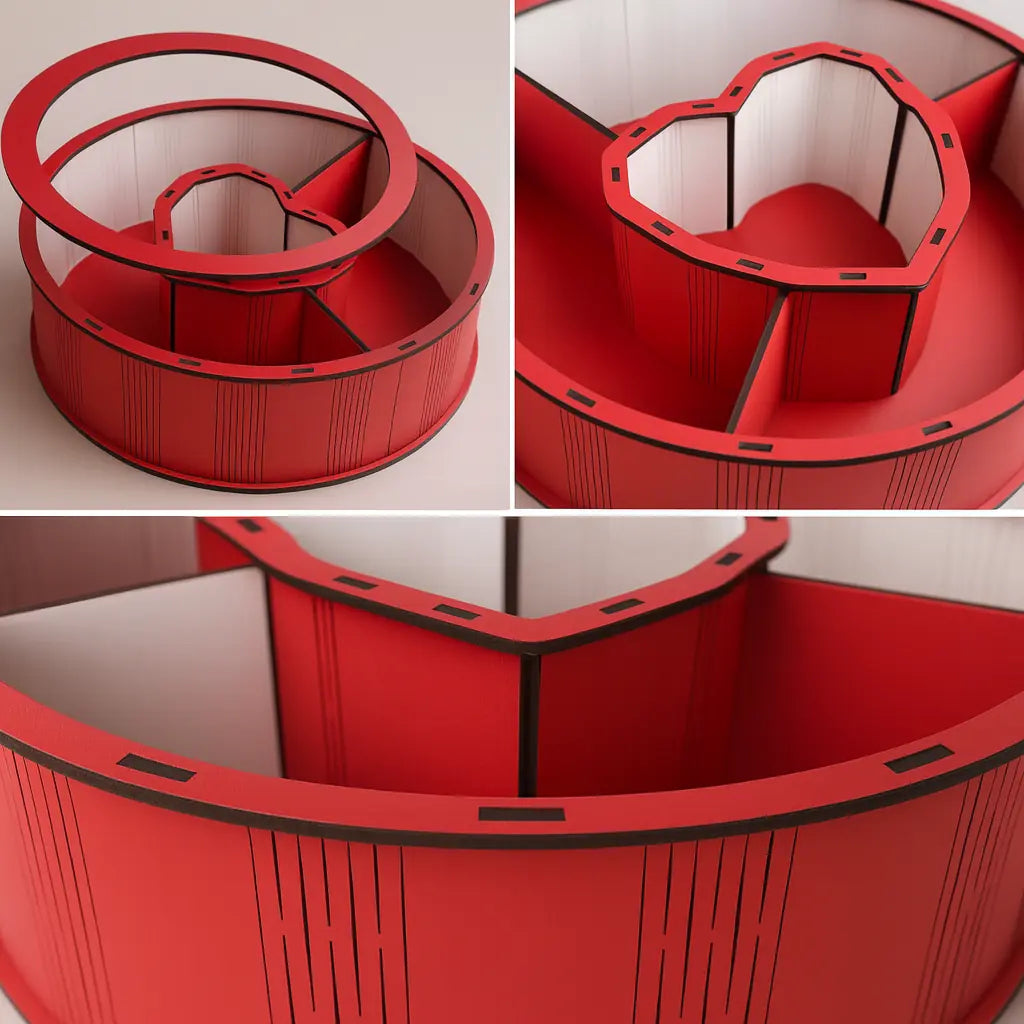 Leere runde Geschenkbox mit Herzfach und Fächern, ideal zum Selbstbefüllen oder für kreative DIY-Geschenke.