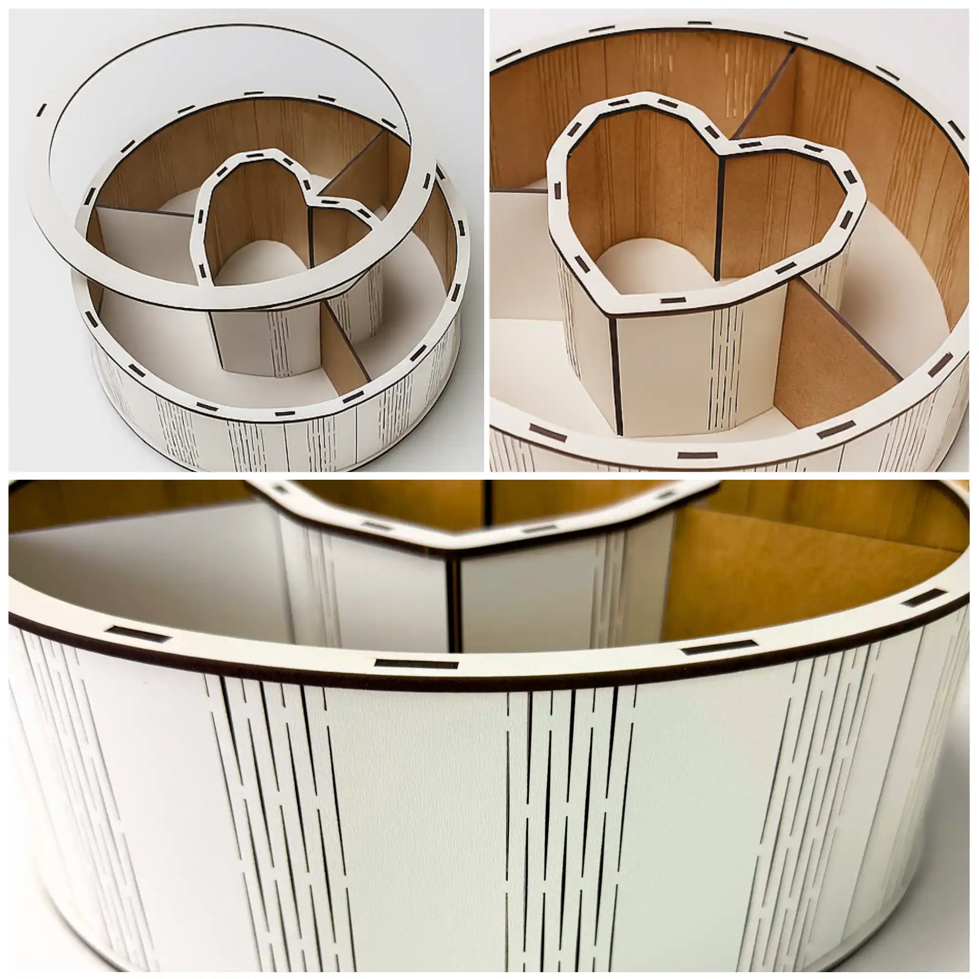 Detailaufnahme der runden Geschenkbox aus Holz mit Herz-Fach – hochwertig verarbeitet und langlebig.