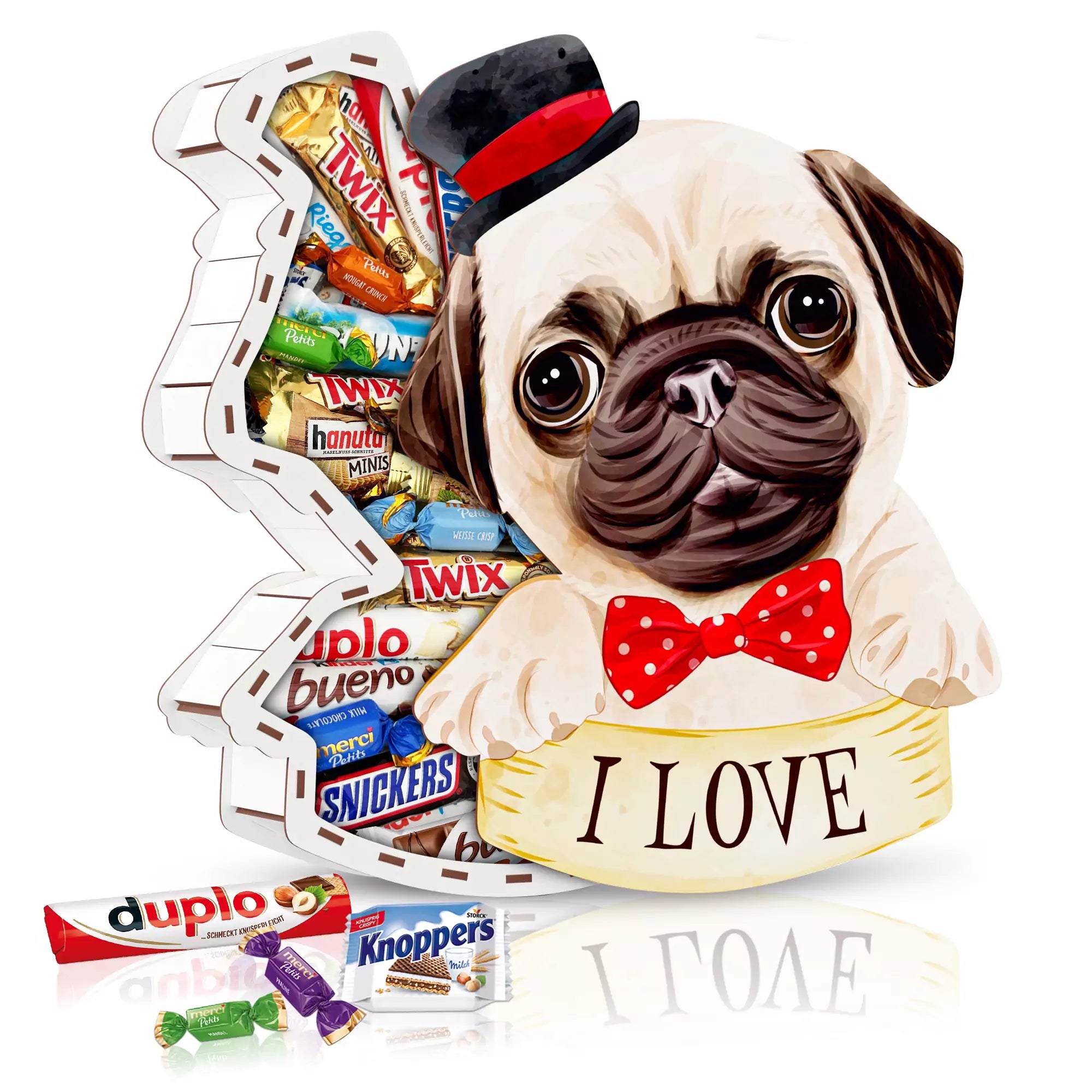 Originelle Hundebox mit roter Fliege und Zylinder, gefüllt mit bekannten Süßigkeiten – kreative Geschenkidee für Tierliebhaber.