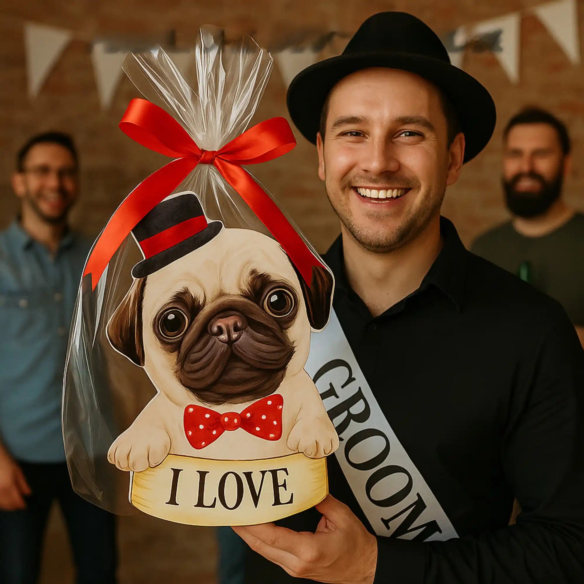 Mann hält humorvolle Geschenkbox in Hundedesign – liebevoll verpackte Überraschung für Geburtstag, Valentinstag oder Junggesellenabschied.