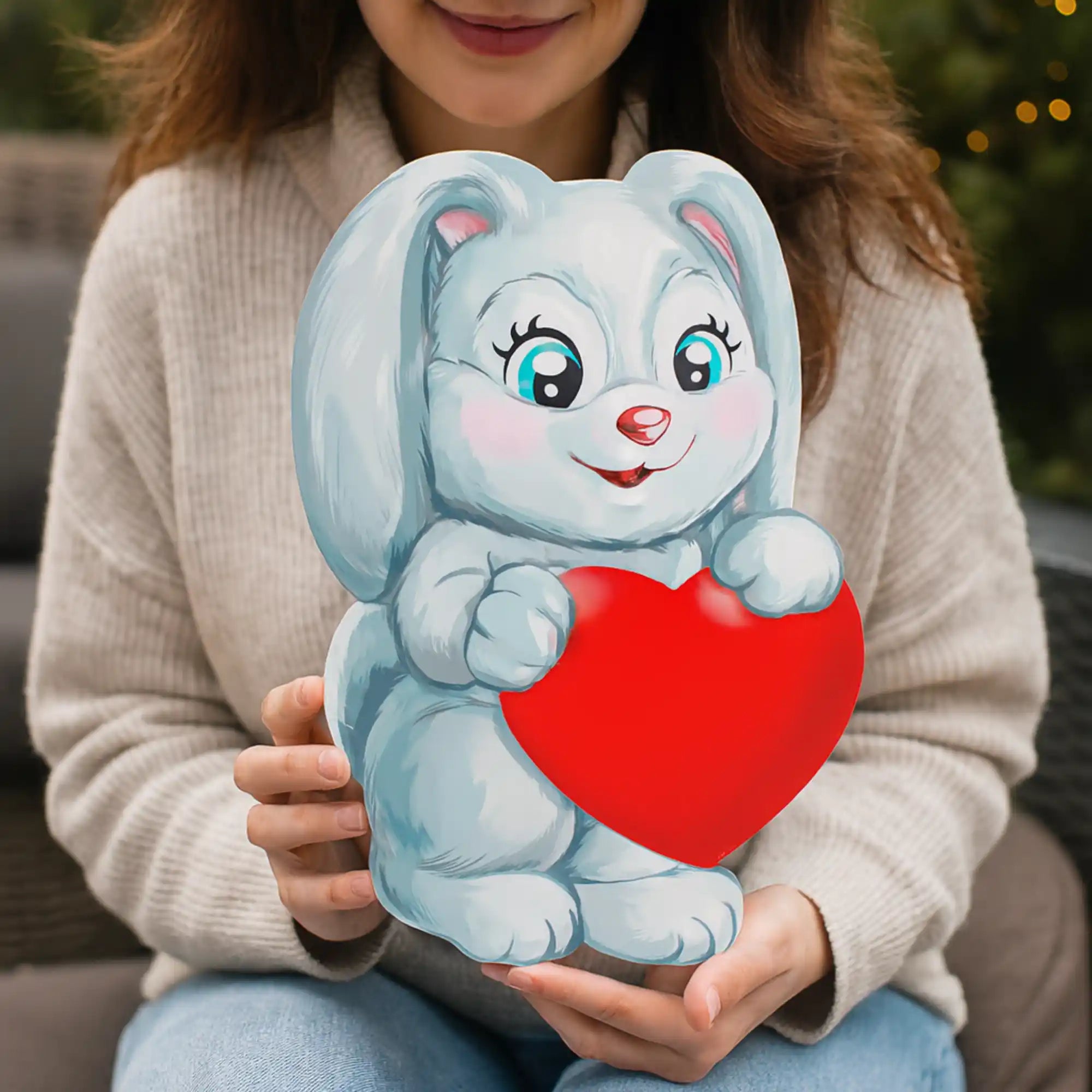 Frau hält liebevoll gestaltete Hasenbox mit Herz – charmante Geschenkidee für Partnerin, Freundin oder Familie.