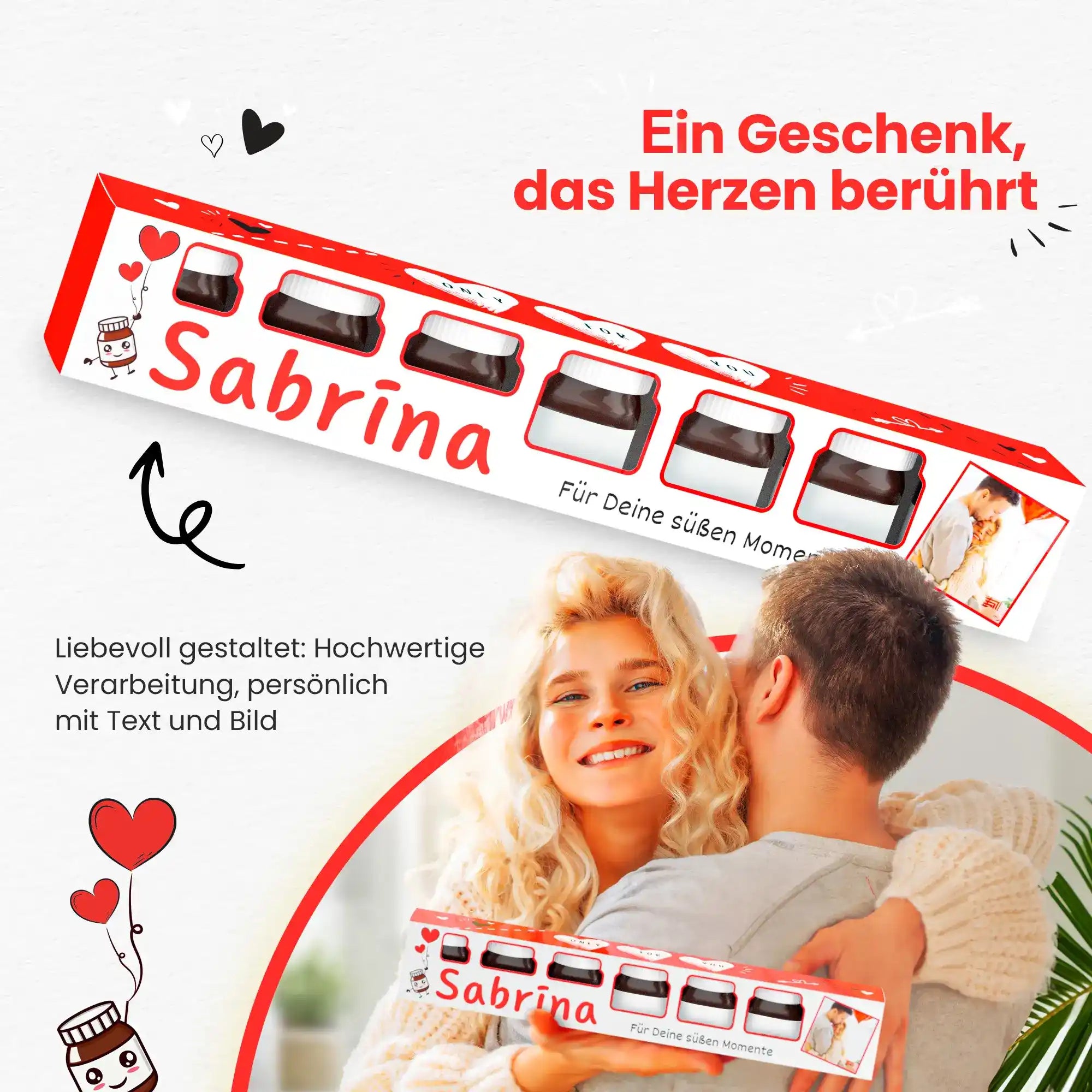 Rote Geschenkbox mit Namen und Bild – liebevoll gestaltet für unvergessliche Momente, ideal als Dankeschön oder Liebesgeschenk.