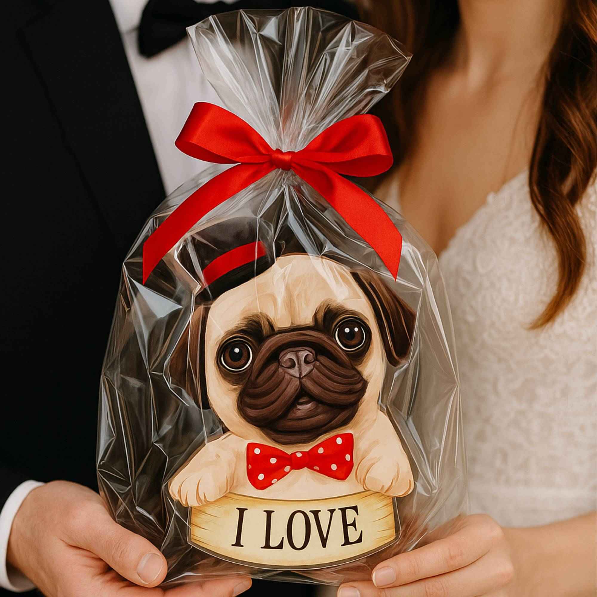 Paar hält edel verpackte Hundebox mit roter Schleife – charmante Aufmerksamkeit für Hochzeiten oder besondere Anlässe.