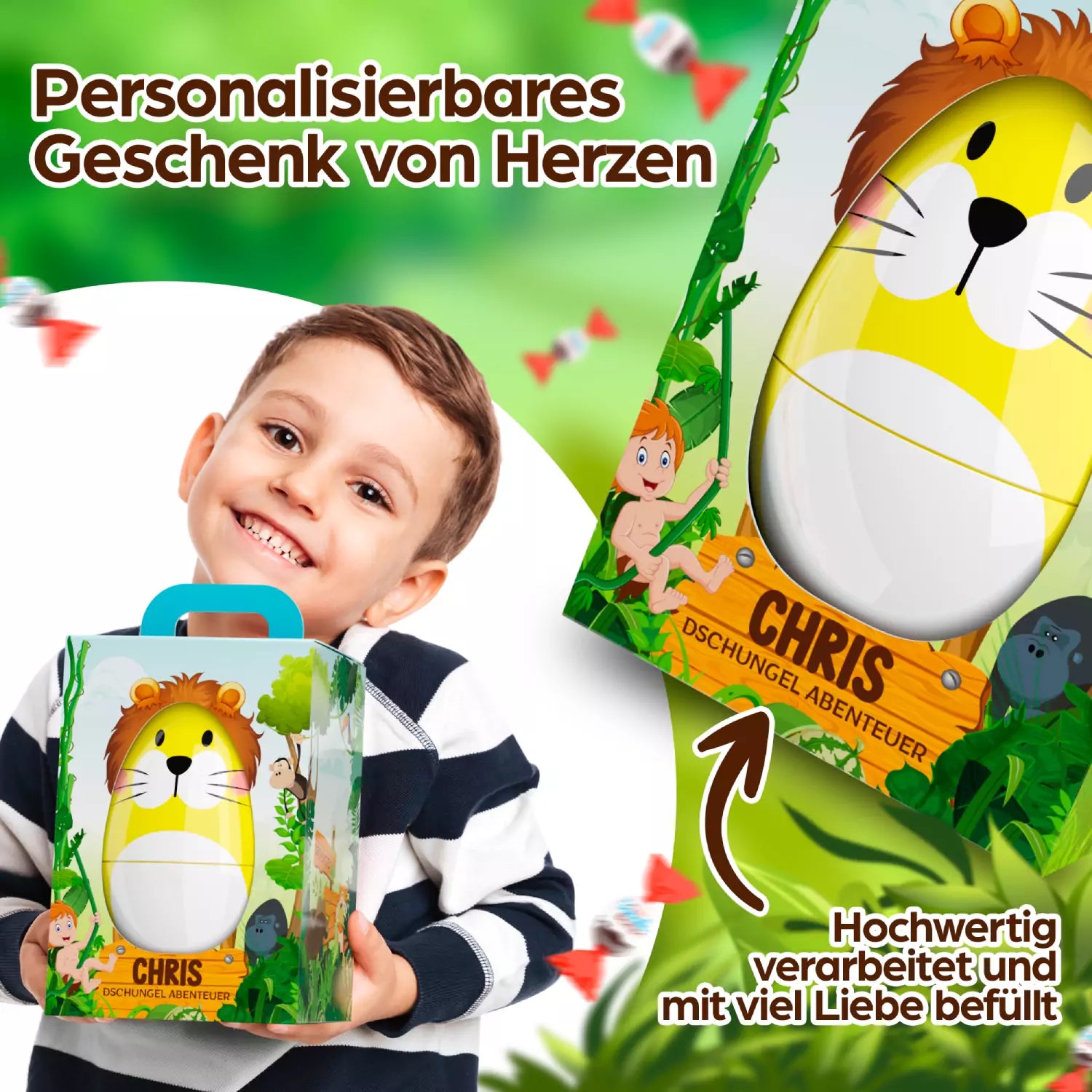 Lächelnder Junge hält die Safari-Geschenkbox in der Hand – hochwertig verarbeitet, detailreich gestaltet und mit Liebe befüllt.