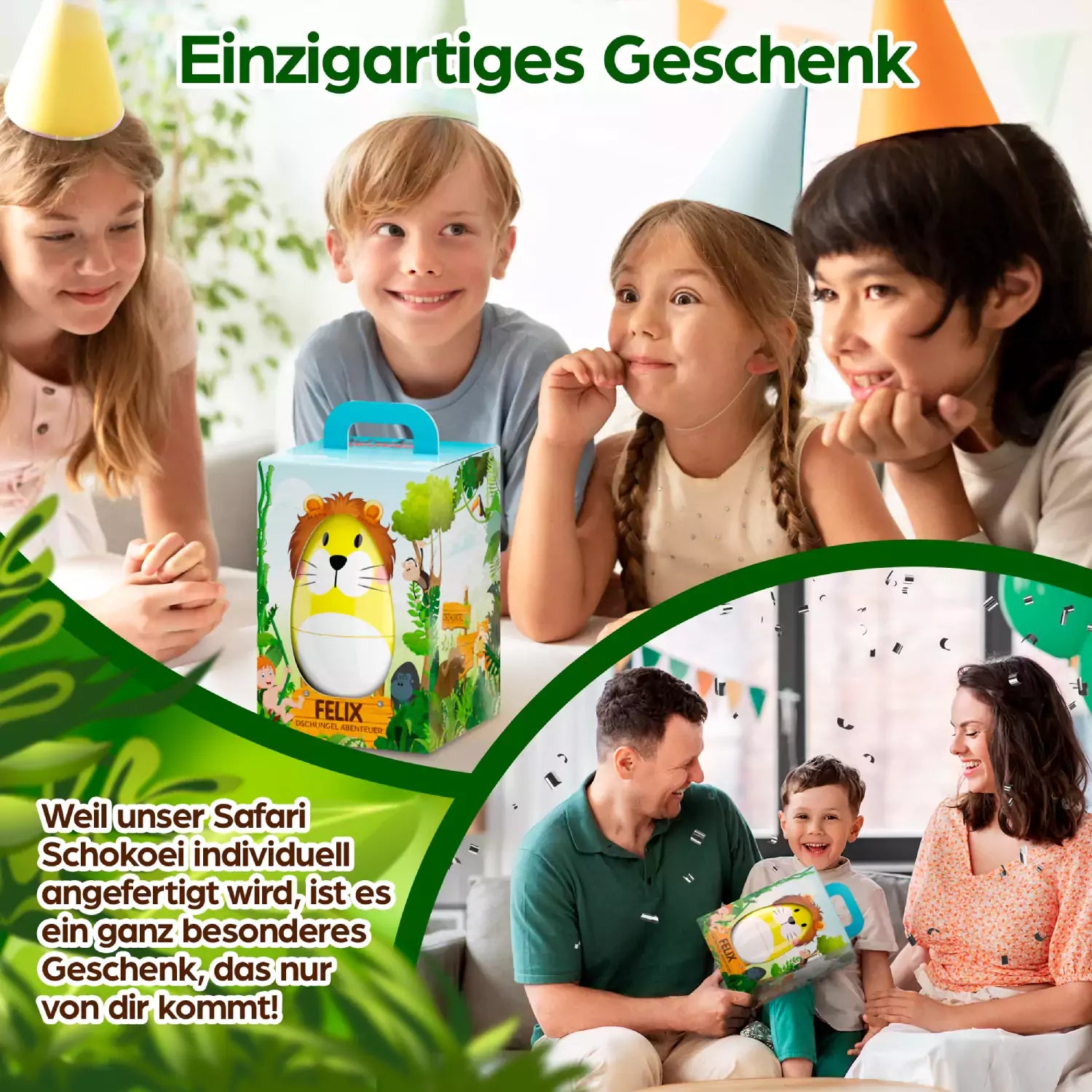 Kinder feiern mit der farbenfrohen Dschungelbox – ein fröhliches Motiv, das bei kleinen Abenteurern sofort Begeisterung auslöst.