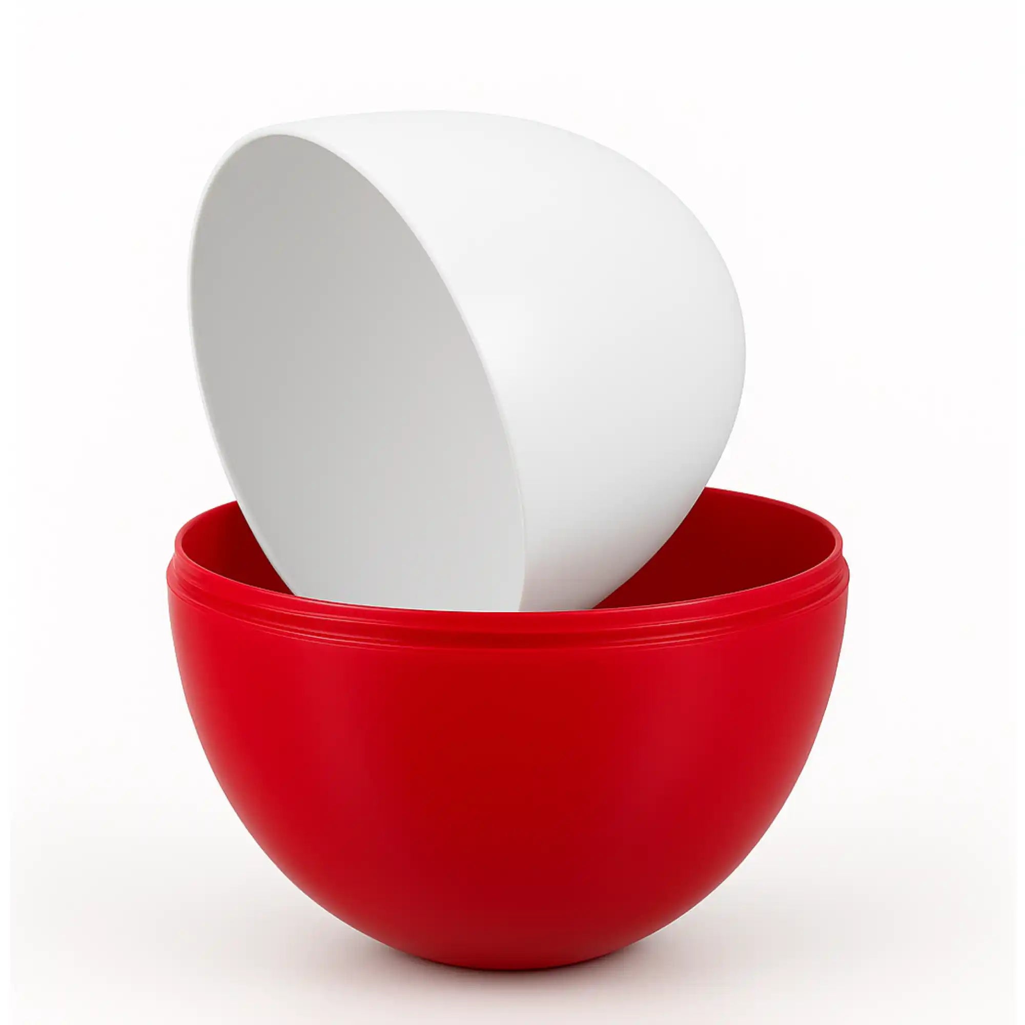 Zweiteiliges rotes Kunststoff-Ei mit weißem Deckel, offen dargestellt – ideal zum Befüllen und Personalisieren.
