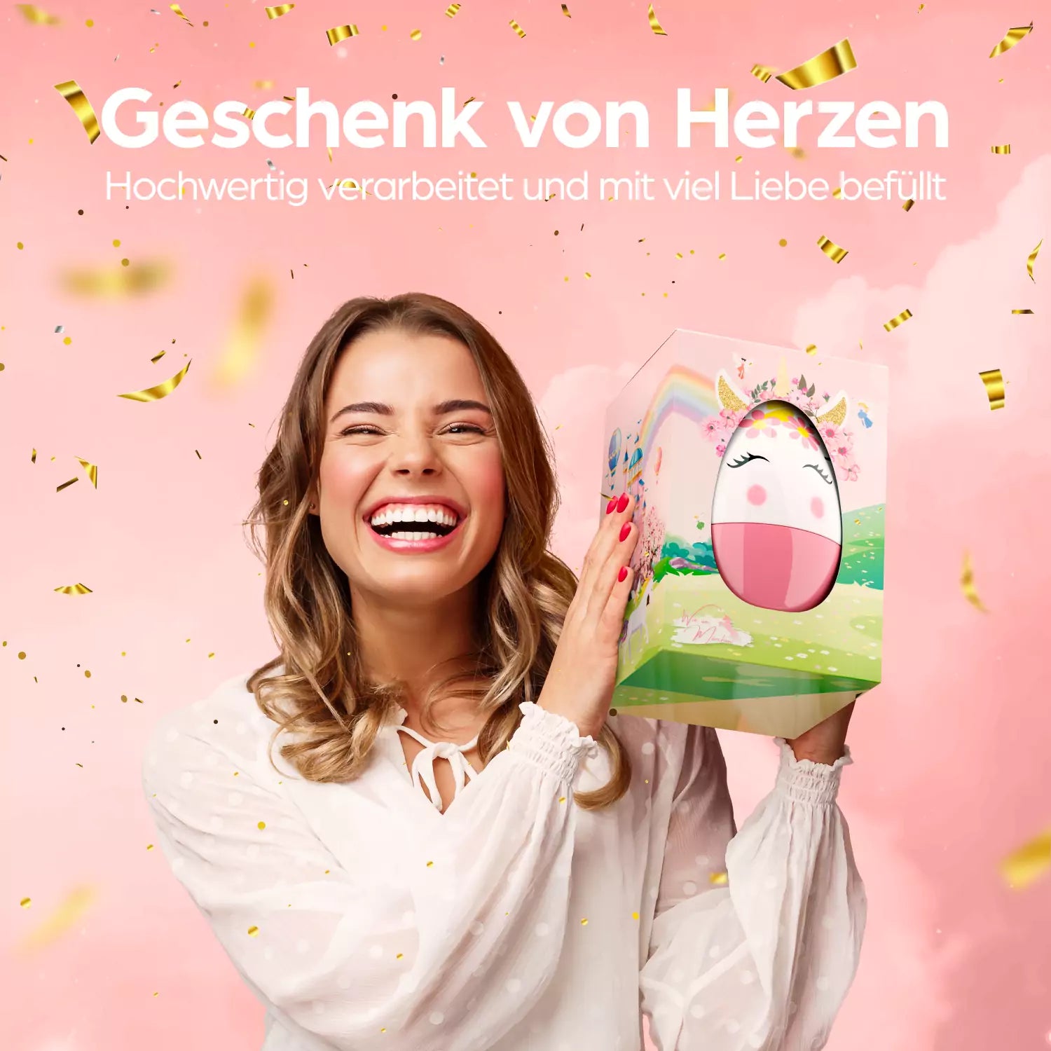 Glücklicher Moment: eine junge Frau präsentiert das hochwertige Geschenkset in Rosa – ein echtes Highlight für besondere Anlässe.