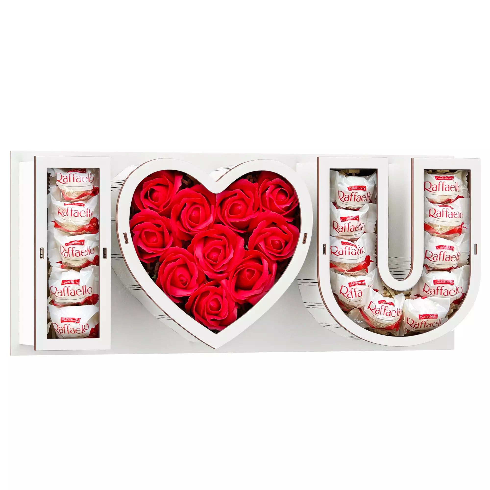 Edle Geschenkbox im I-LOVE-U-Design mit roten Rosen und Raffaello – stilvolles Präsent zum Valentinstag, Geburtstag oder Jahrestag.
