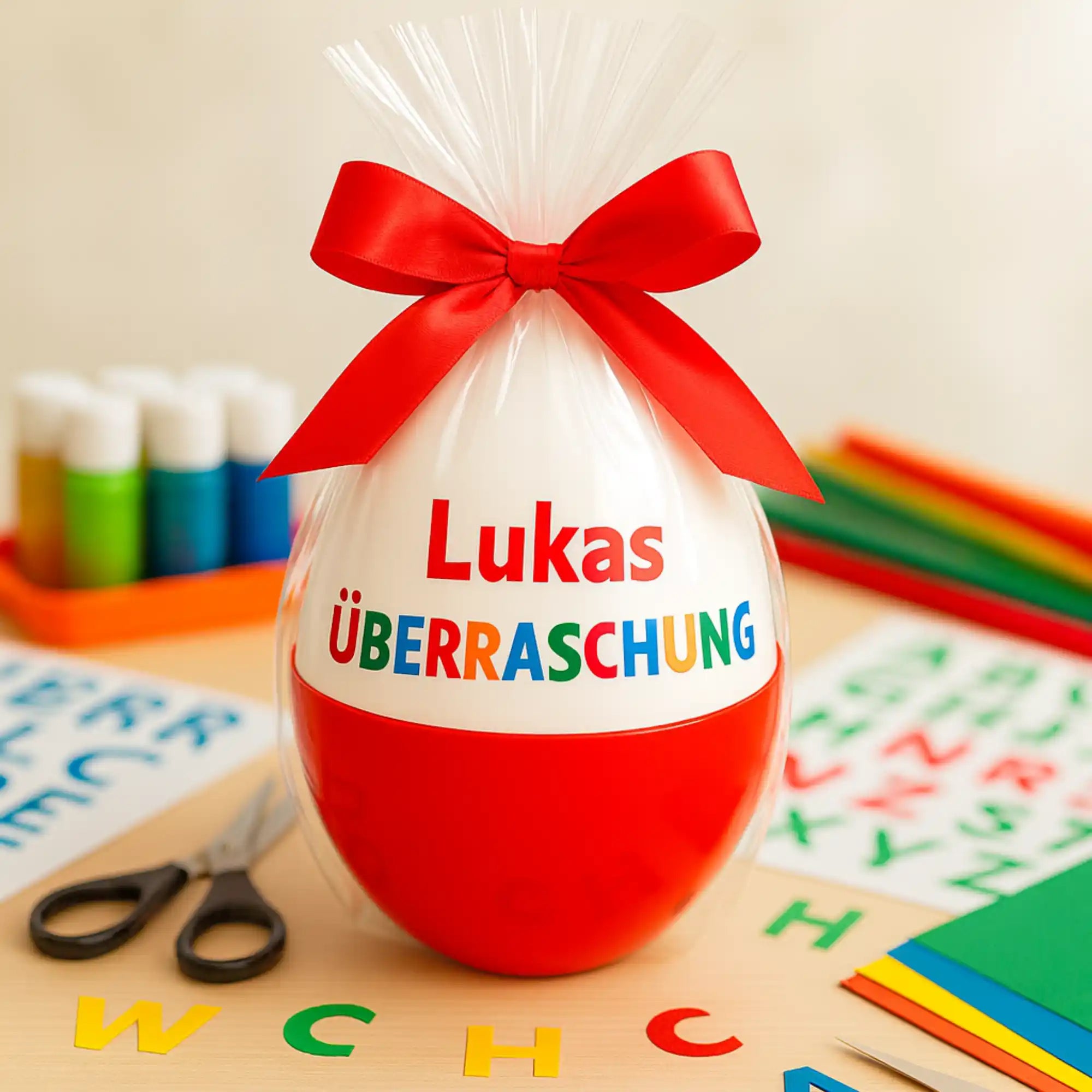 Weiße und rote Eiform mit buntem Schriftzug „Lukas Überraschung“ und rotem Band – einzigartiges DIY-Geschenk.