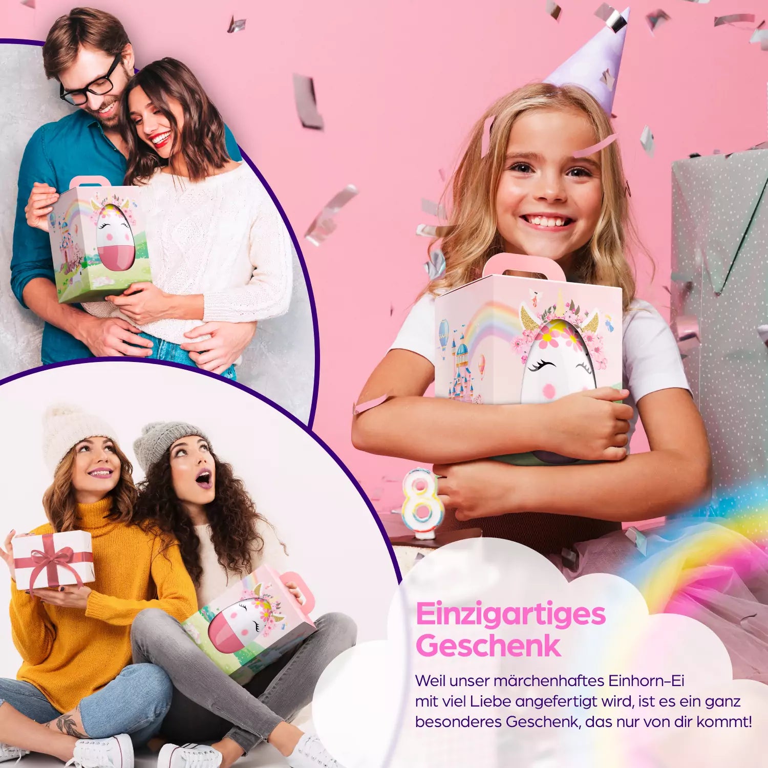 Fröhliche Szene: ein Kind hält strahlend die pastellfarbene Box – ideal für Geburtstage oder kleine Überraschungen.