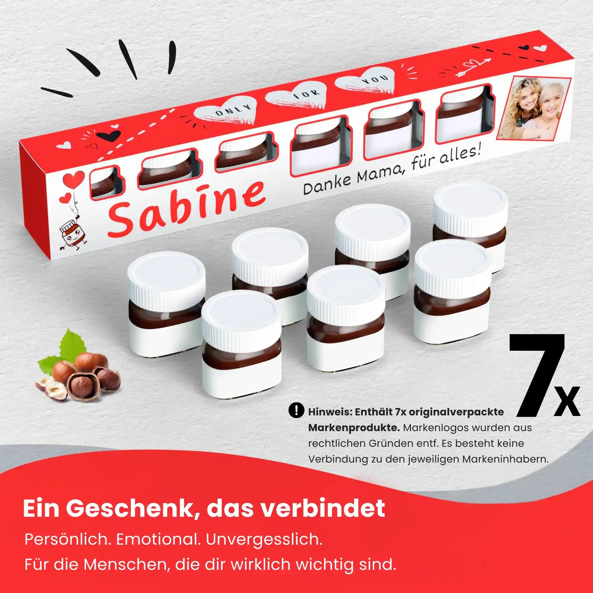 Sieben Mini-Gläser mit cremiger Nuss-Nougat-Füllung in dekorativer Verpackung – persönliches Geschenk für Menschen, die dir wichtig sind.