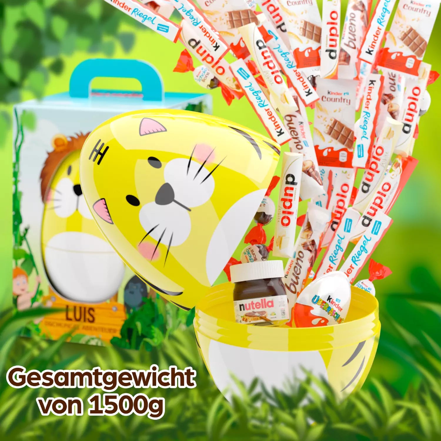 Geöffnetes Löwen-Ei mit bunter Schokoladenauswahl – gefüllt mit bekannten Marken und ideal als süße Überraschung.