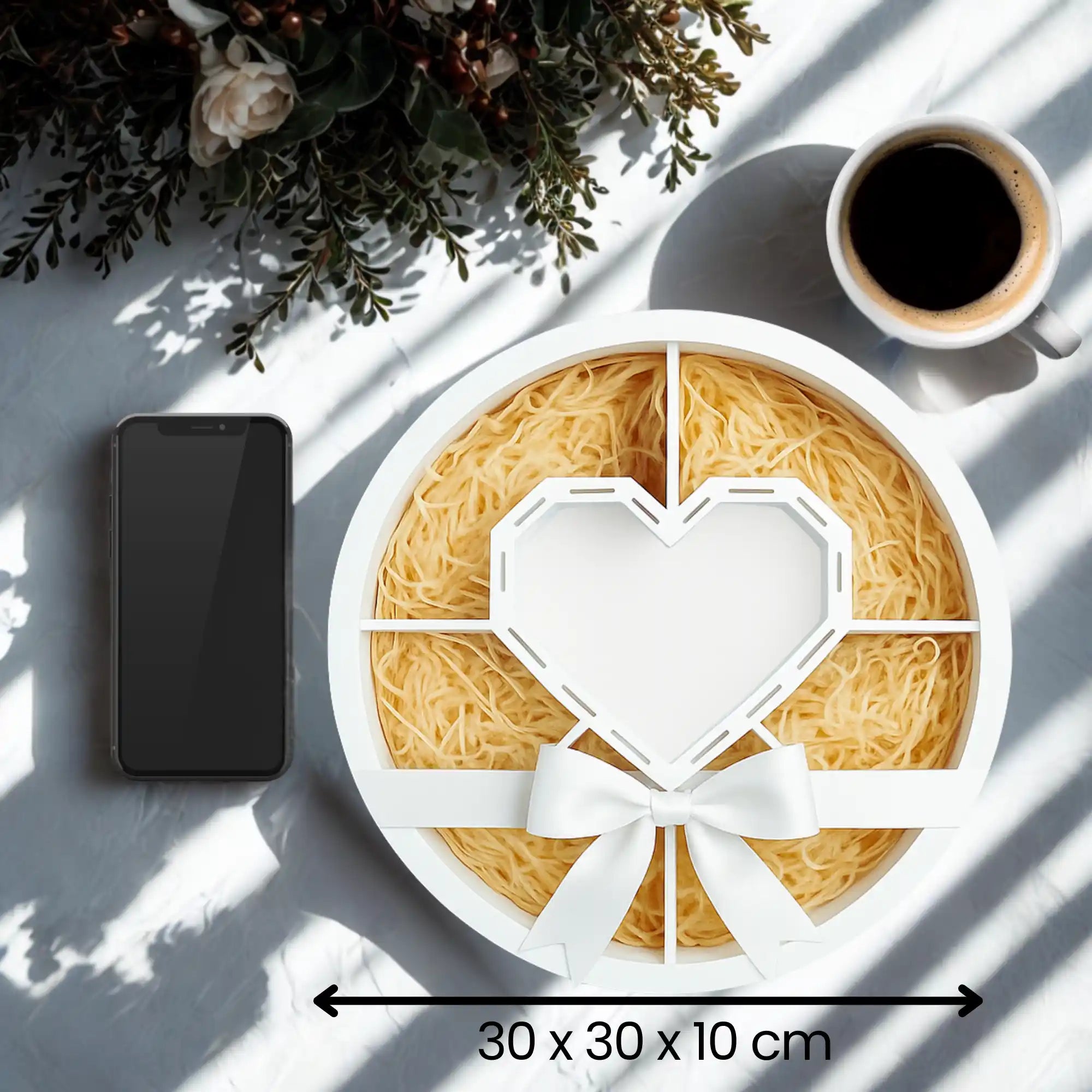 Runde Holz-Geschenkbox mit Herz-Einsatz und Schleife, Maße 30 × 30 × 10 cm – ideal zum Befüllen mit Süßigkeiten, Schmuck oder Geld.