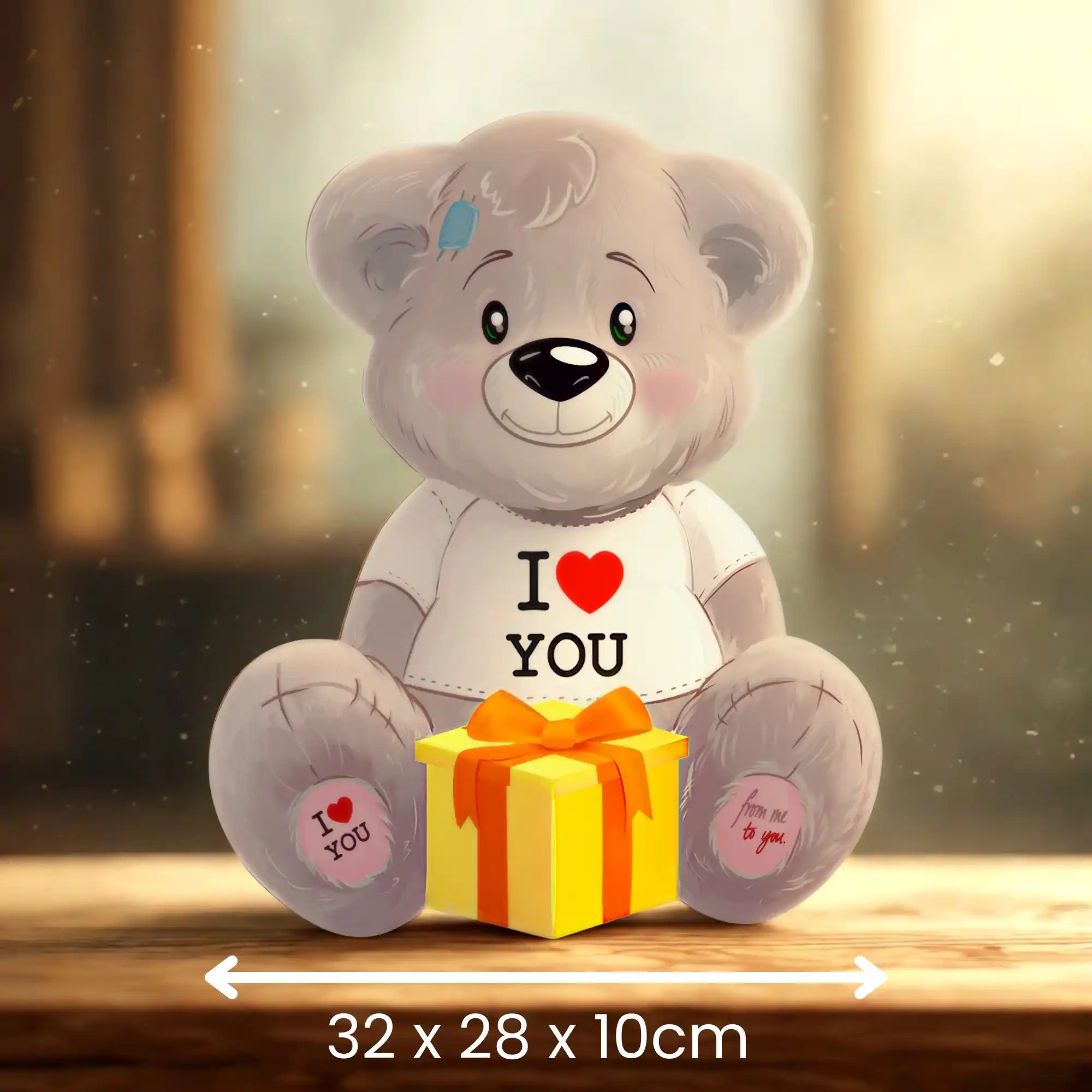 Teddybär-Geschenkbox mit gelbem Geschenk-Symbol und Größenangabe 32 × 28 × 10 cm – ideal für Süßigkeiten oder Geldgeschenke.