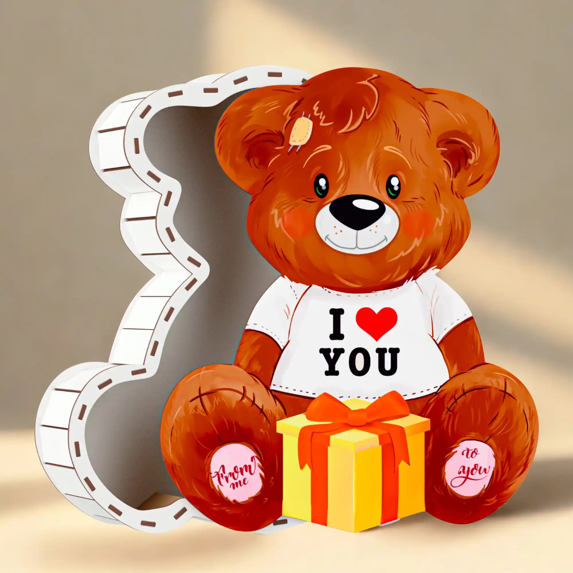 Leere Teddybär-Box mit „I Love You“-Schriftzug – kreative Verpackung für individuelle DIY-Geschenke.