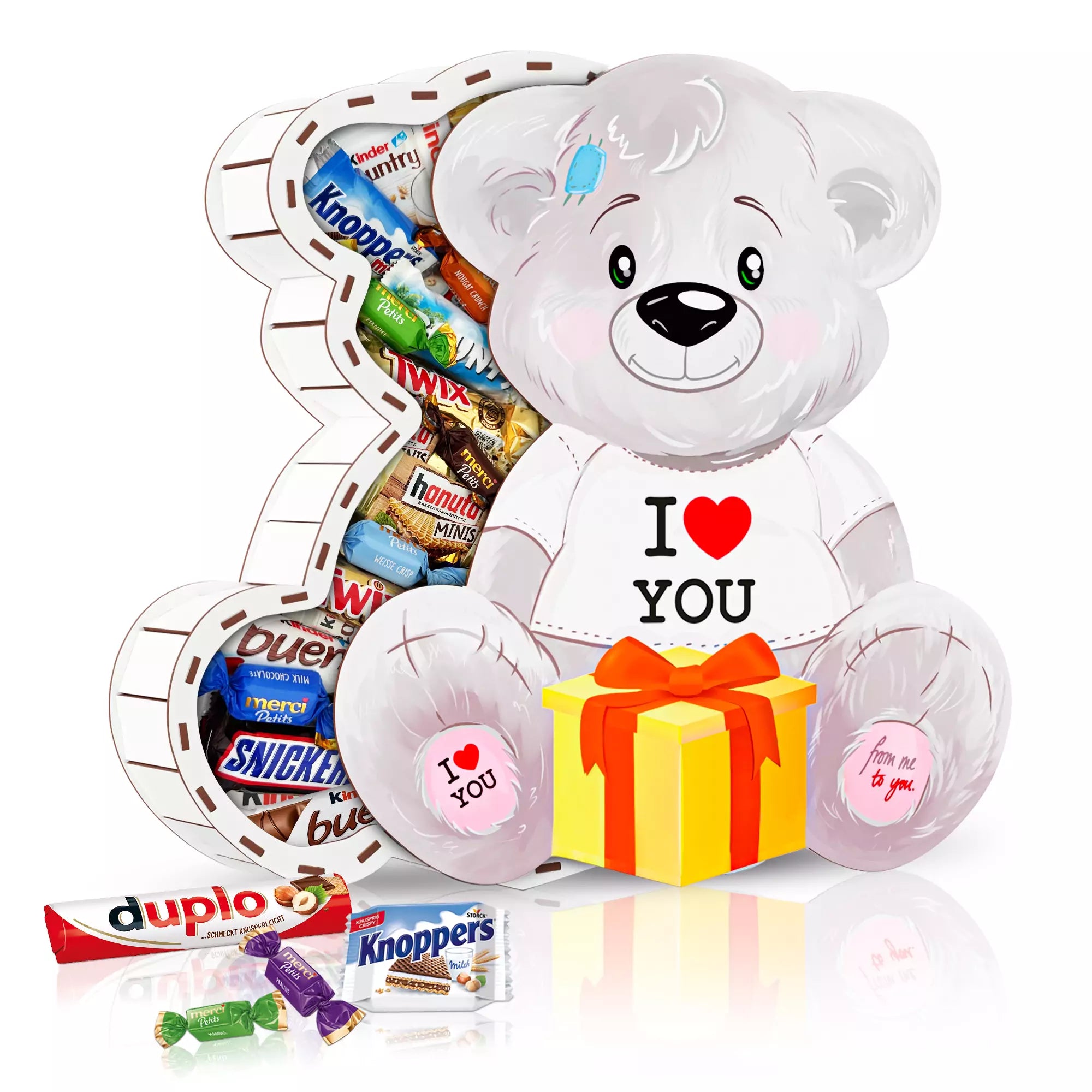 Weiße Teddybär-Geschenkbox mit „I Love You“-Motiv, gefüllt mit beliebten Schokoriegeln – romantische Geschenkidee für Partner oder Freunde.