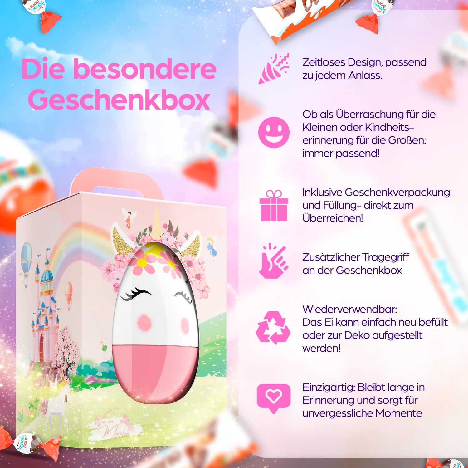 Übersicht der wichtigsten Merkmale: stabile Verpackung, Tragegriff, wiederverwendbar und fertig befüllt – praktisch und schön.