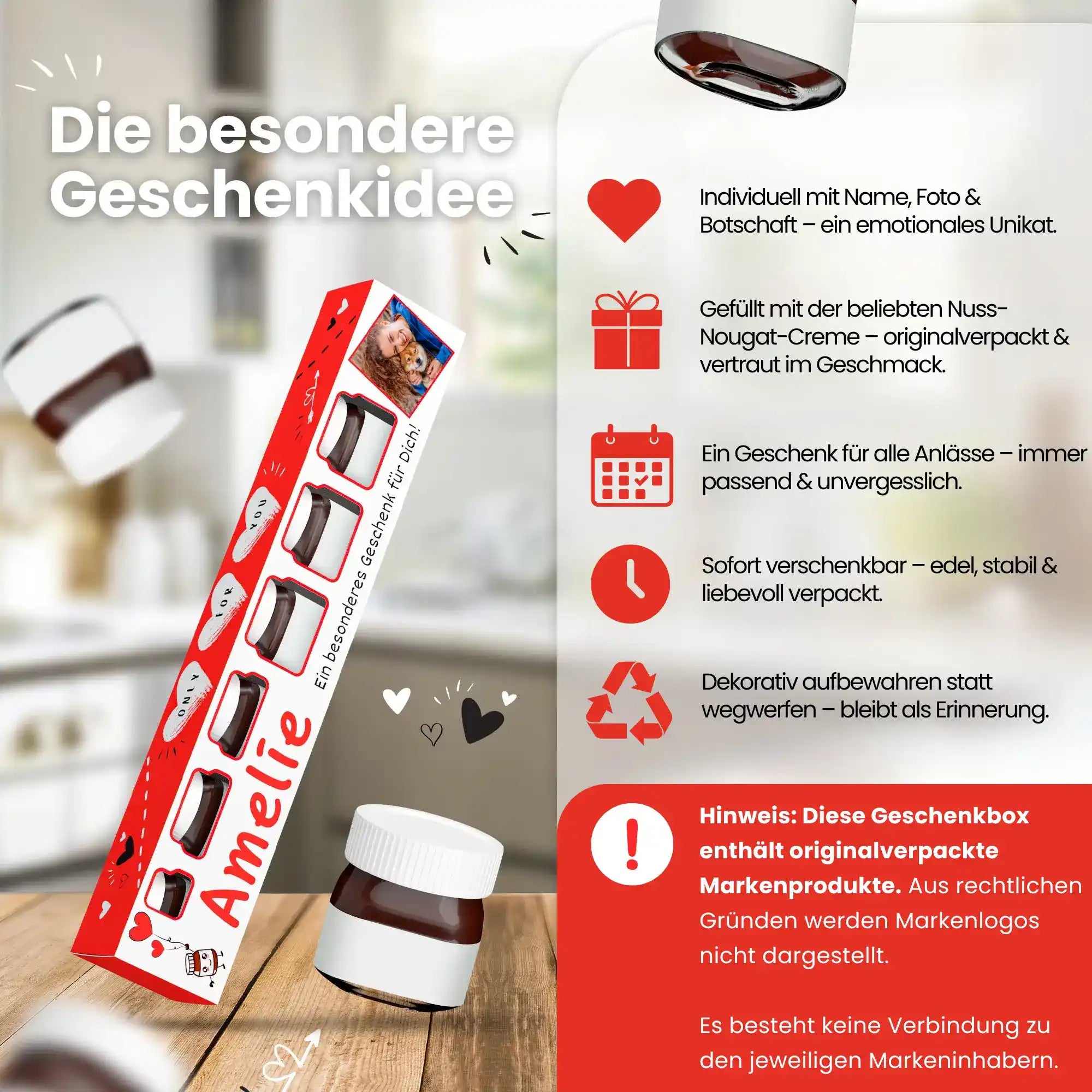 Übersicht der Geschenkidee mit Vorteilen: individuell mit Name, gefüllt mit Nuss-Nougat-Creme, wiederverwendbare Verpackung – hochwertig und emotional.