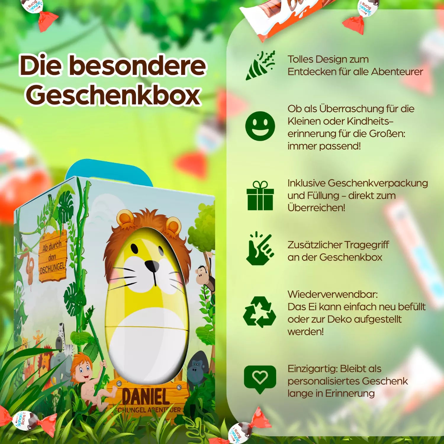 Übersicht der wichtigsten Vorteile: stabile Verpackung, Tragegriff und wiederverwendbares Ei – perfekt für Kindergeburtstage oder kleine Überraschungen.