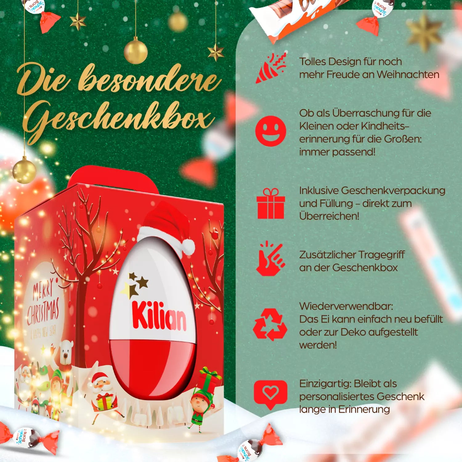 Übersicht der Vorteile: festliches Design, Tragegriff, wiederverwendbares Ei – liebevoll befüllt und sofort bereit zum Verschenken.