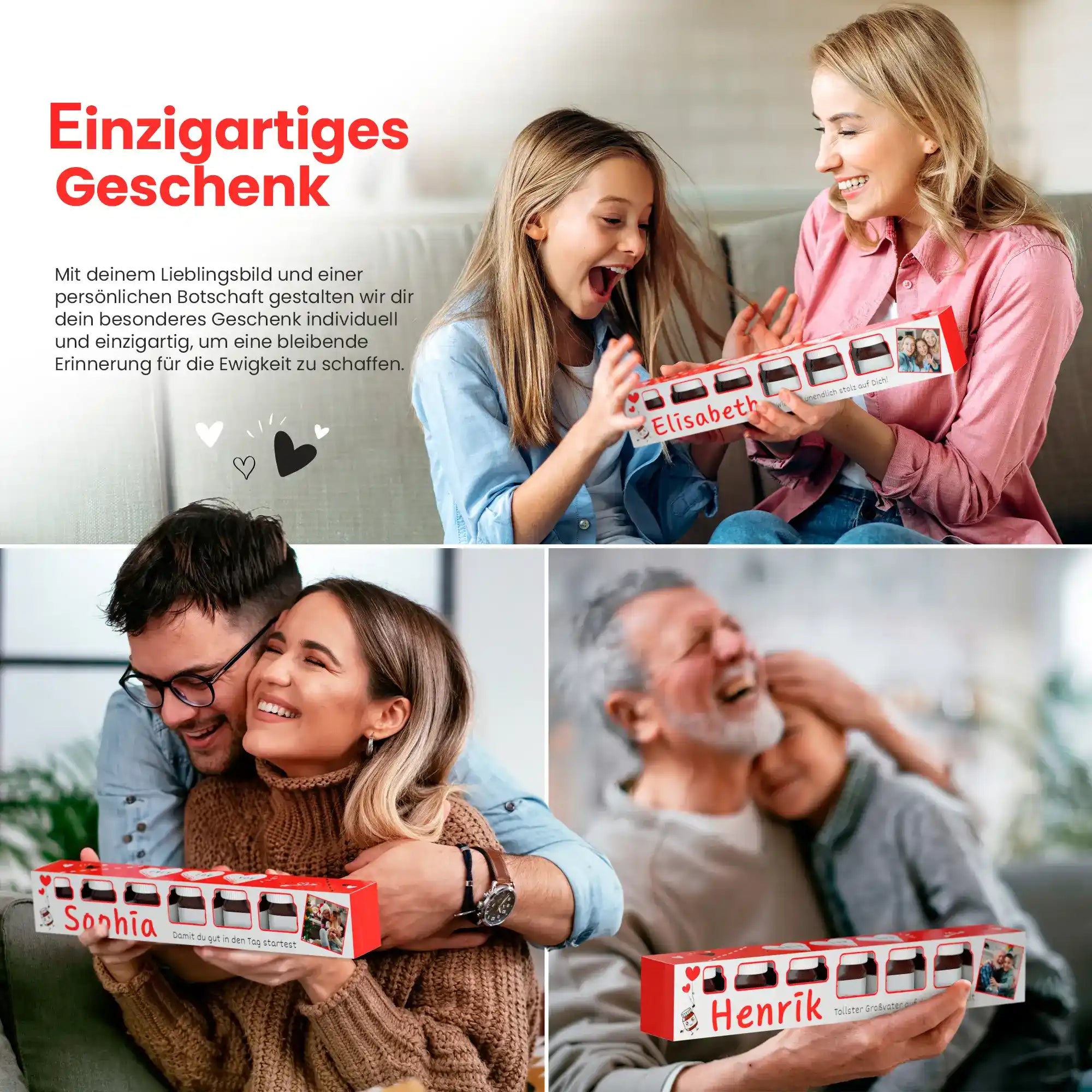 Glückliche Familie und Freunde überreichen das individuell gestaltete Geschenkset – perfekt für besondere Anlässe oder als kleine Aufmerksamkeit.