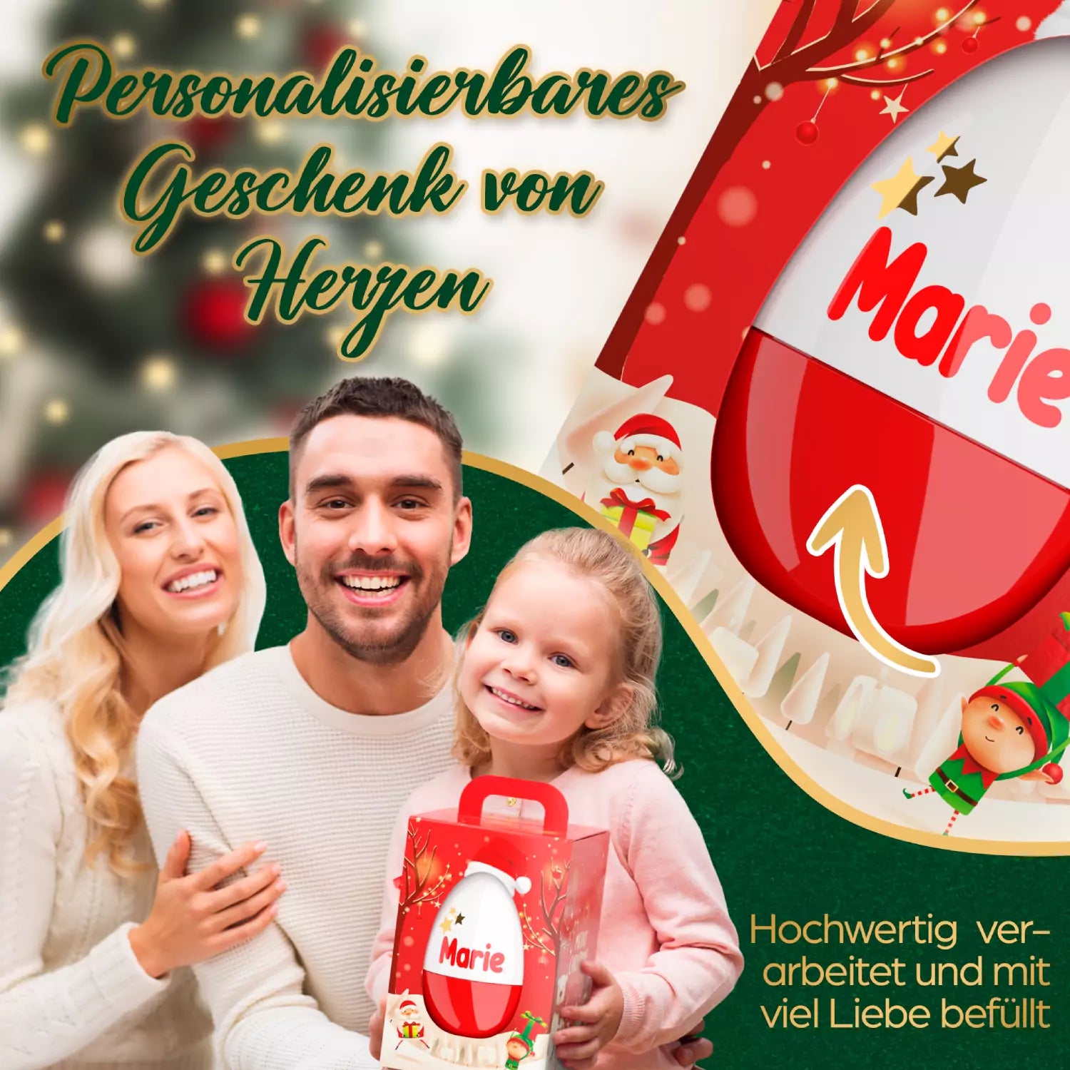 Strahlendes Kind mit Eltern und personalisierter Weihnachtsbox – hochwertig verarbeitet und mit Liebe zusammengestellt.