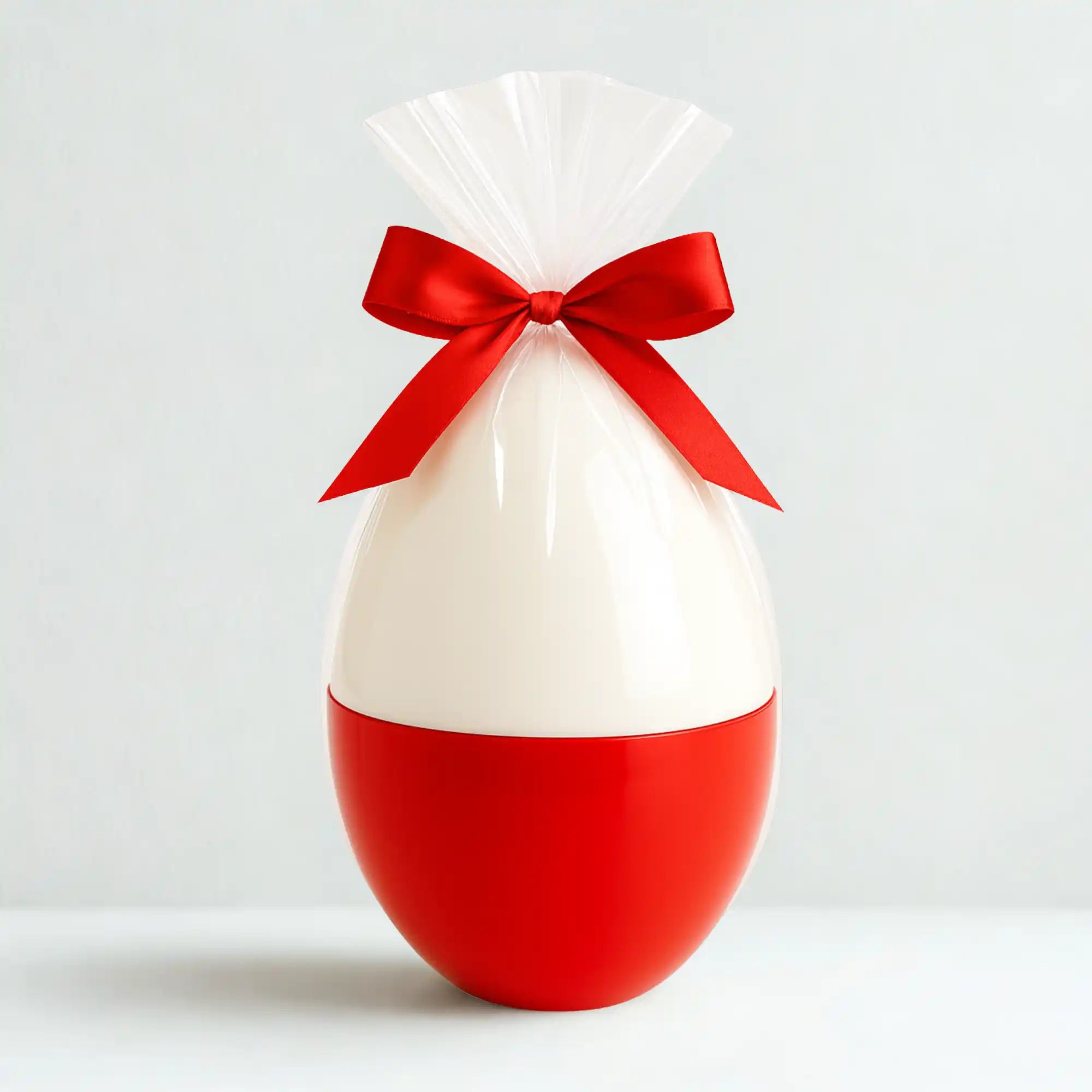Rotes DIY Überraschungsei mit weißem Deckel und roter Schleife – bereit zum Verschenken, festlich verpackt.