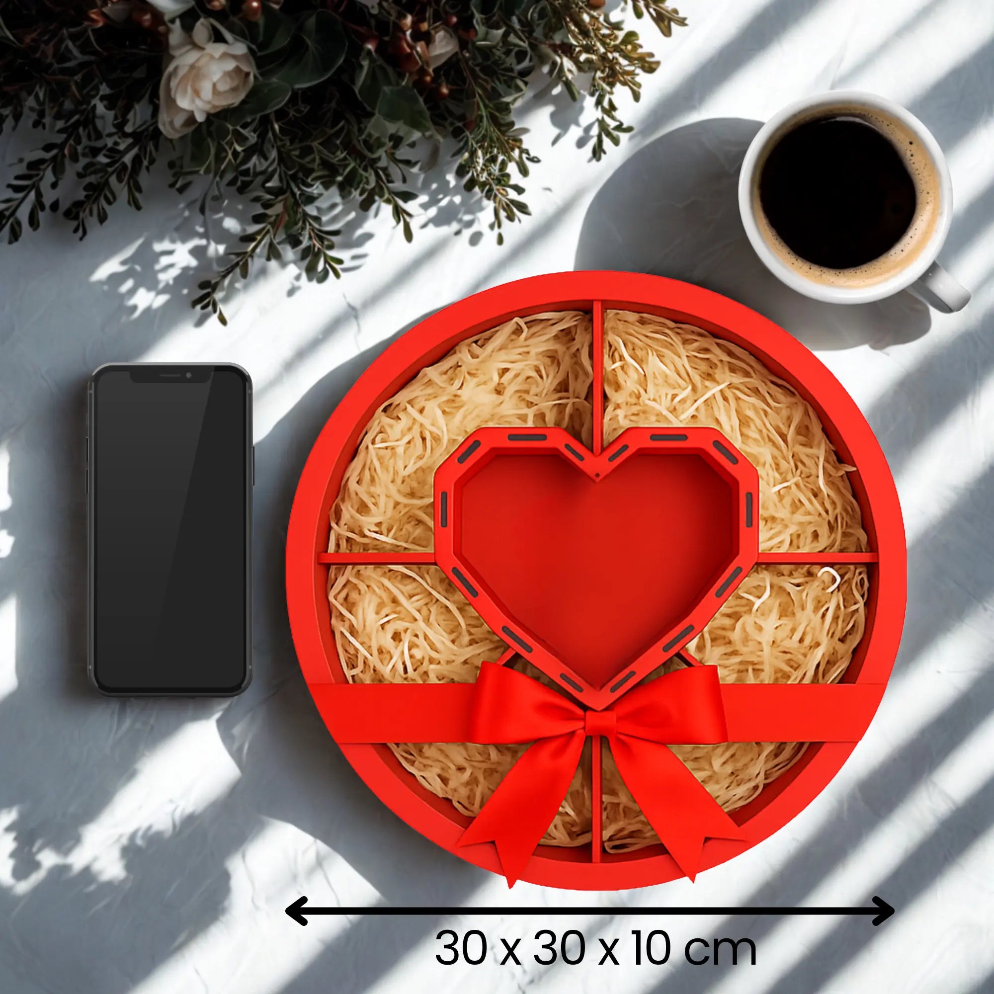 Runde rote Geschenkbox mit Herzfach und Schleife, Größe 30 × 30 × 10 cm, gezeigt mit Handy zum Größenvergleich – ideal zum Befüllen mit Süßigkeiten oder kleinen Geschenken.