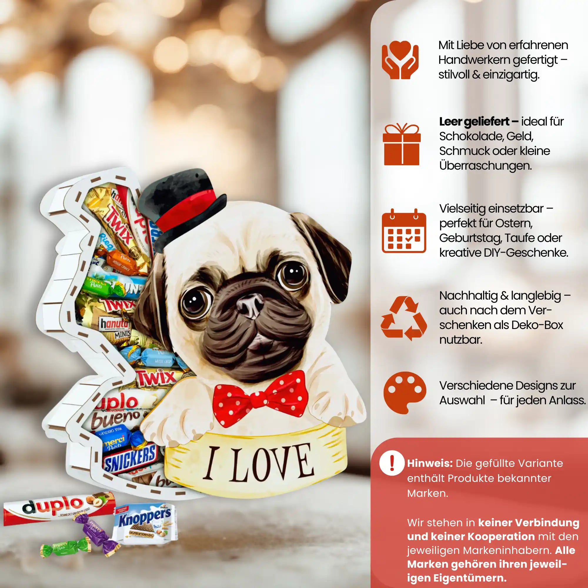 Handgefertigte Box mit Pug-Motiv und roten Akzenten – vielseitig nutzbar für Schokolade, Schmuck oder DIY-Geschenke.