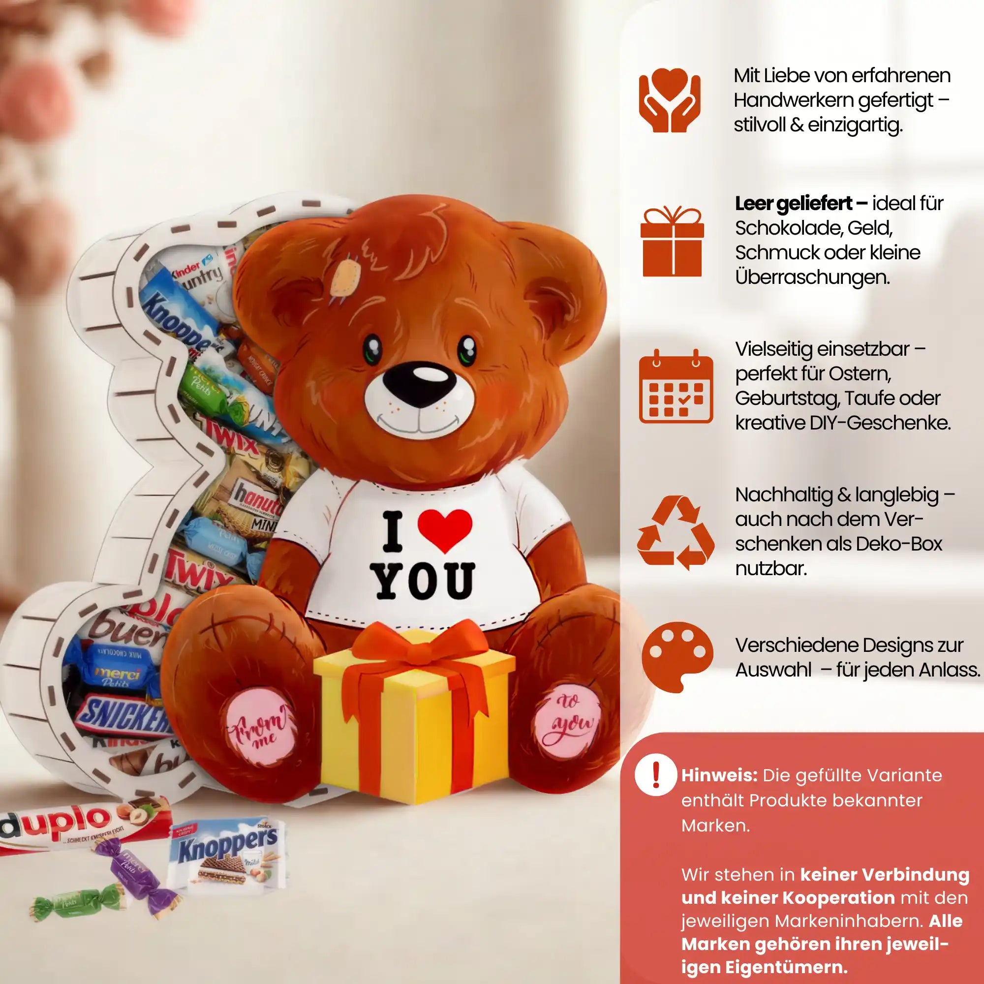 Handgefertigte Teddybär-Geschenkbox mit Herzmotiv – nachhaltig, vielseitig einsetzbar und ideal zum Befüllen mit Schokolade oder Schmuck.