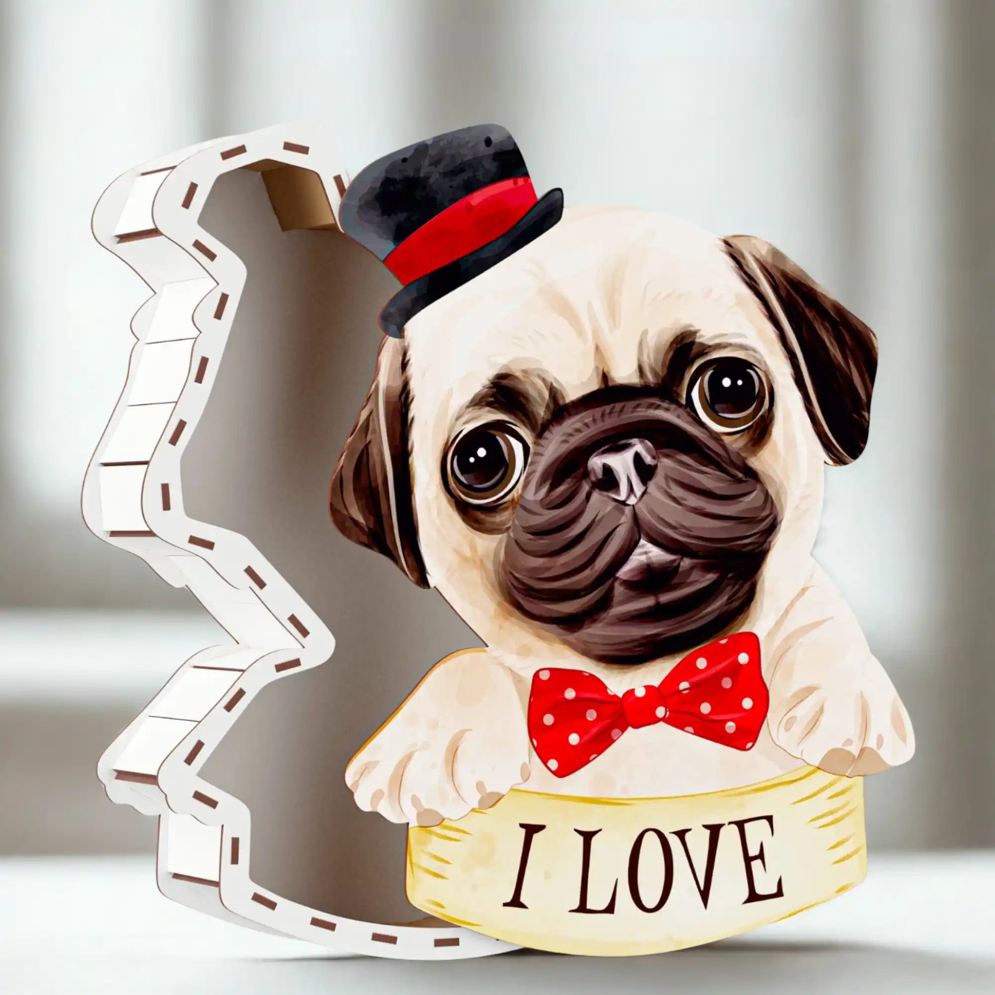 Leere Pug-Geschenkbox mit roter Fliege und Zylinder – hochwertige Deko- oder Verpackungsbox für individuelle Überraschungen.