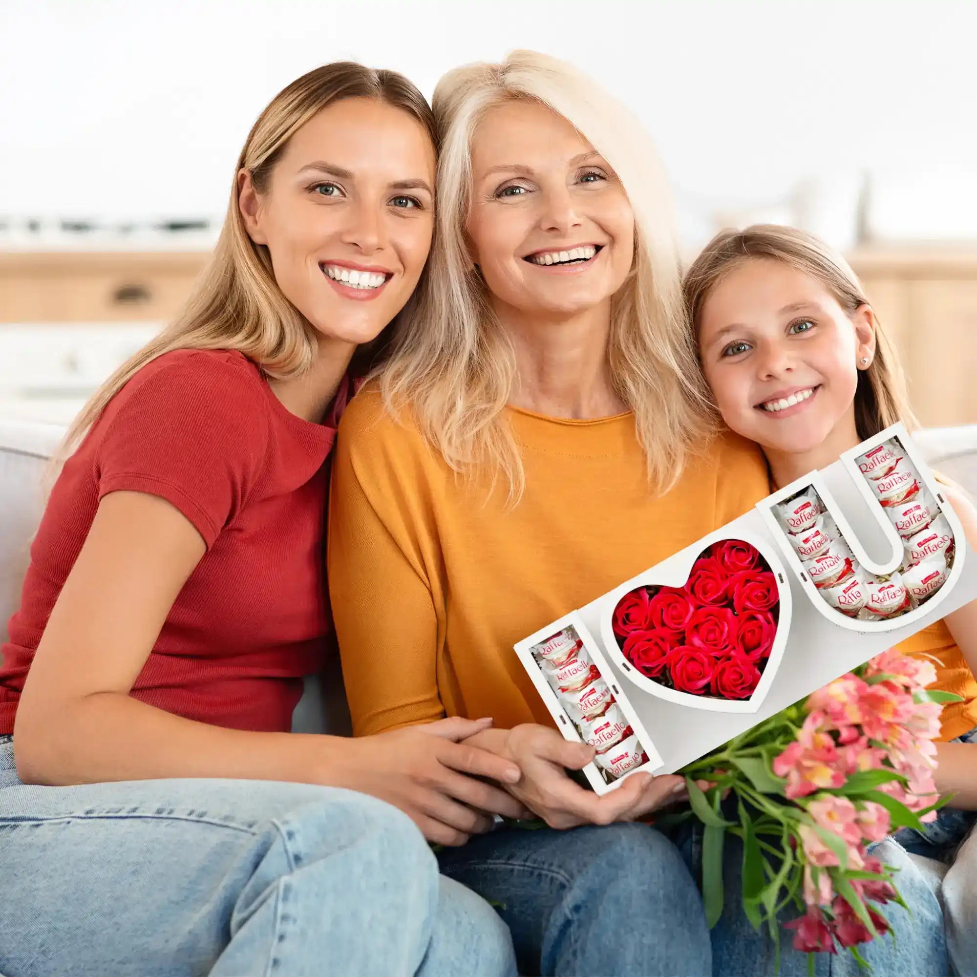 Personalisierte I LOVE U Geschenkbox mit Raffaello und Rosen – liebevolles Geschenk für Mama oder Oma zum Muttertag oder Geburtstag.