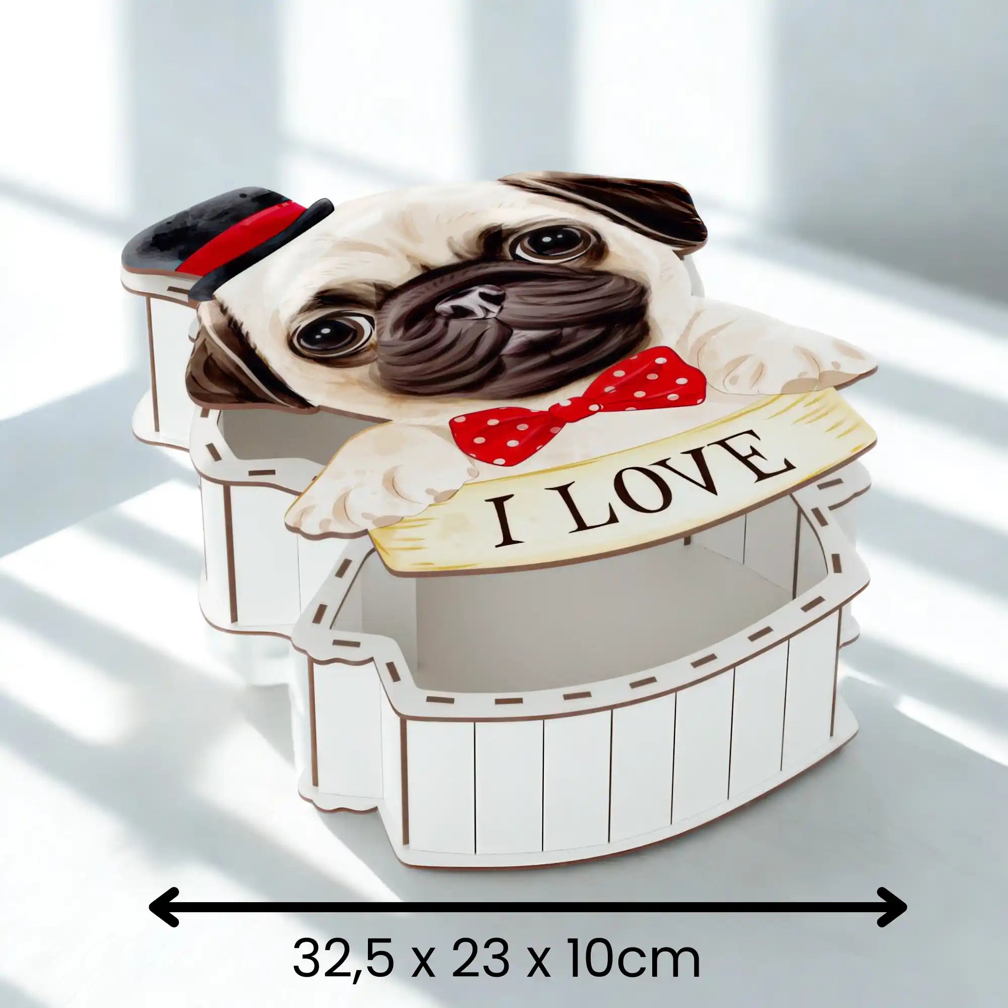I LOVE Geschenkbox im Hundedesign, Größe 32,5 x 23 x 10 cm – stabile Verpackung zum Befüllen oder Dekorieren.