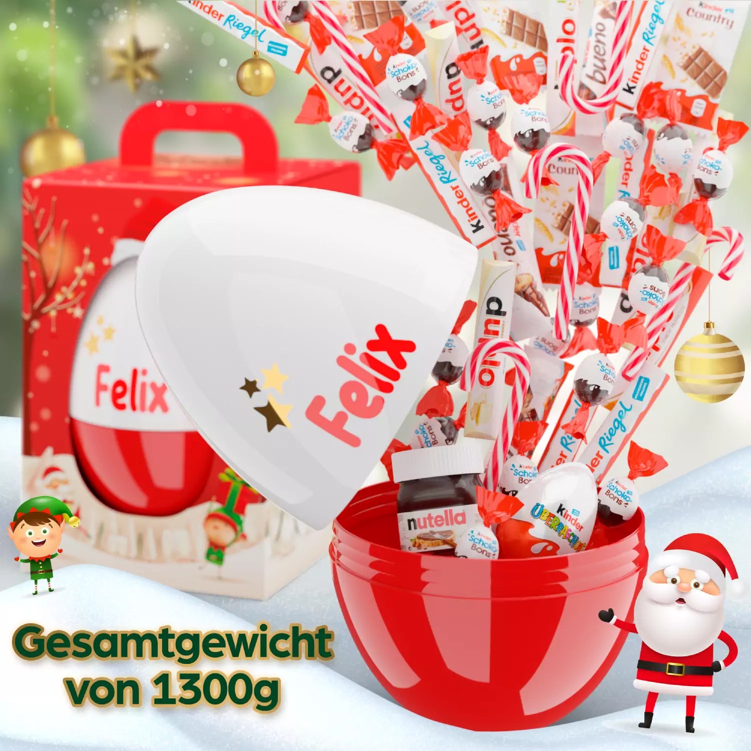 Geöffnetes Weihnachts-Ei mit süßer Markenmischung, Zuckerstangen und Schokolade – ideal als festliche Überraschung.