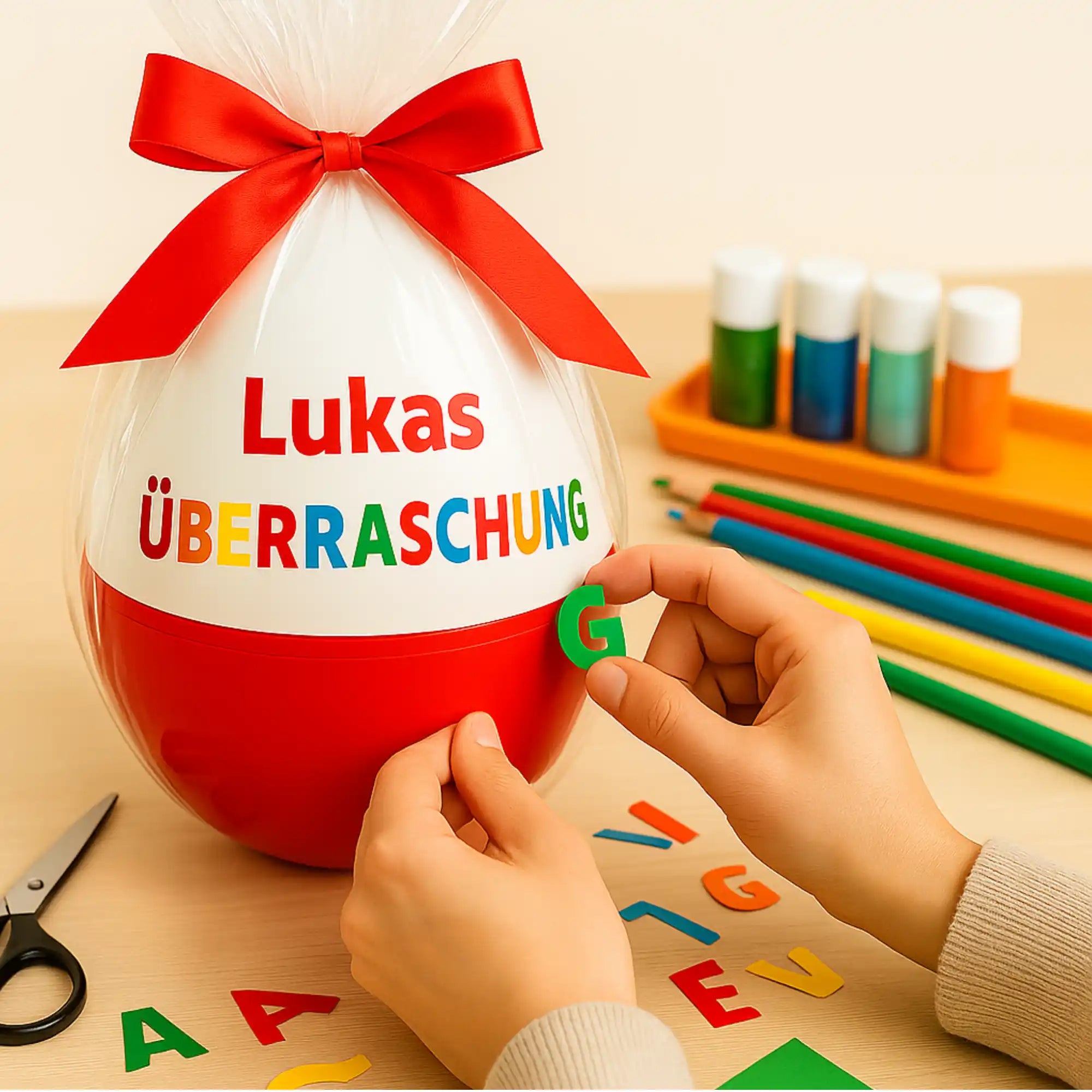 Person klebt bunte Buchstaben auf die weiße Oberfläche der Eiform – kreative Gestaltung für Kinder und Familien.