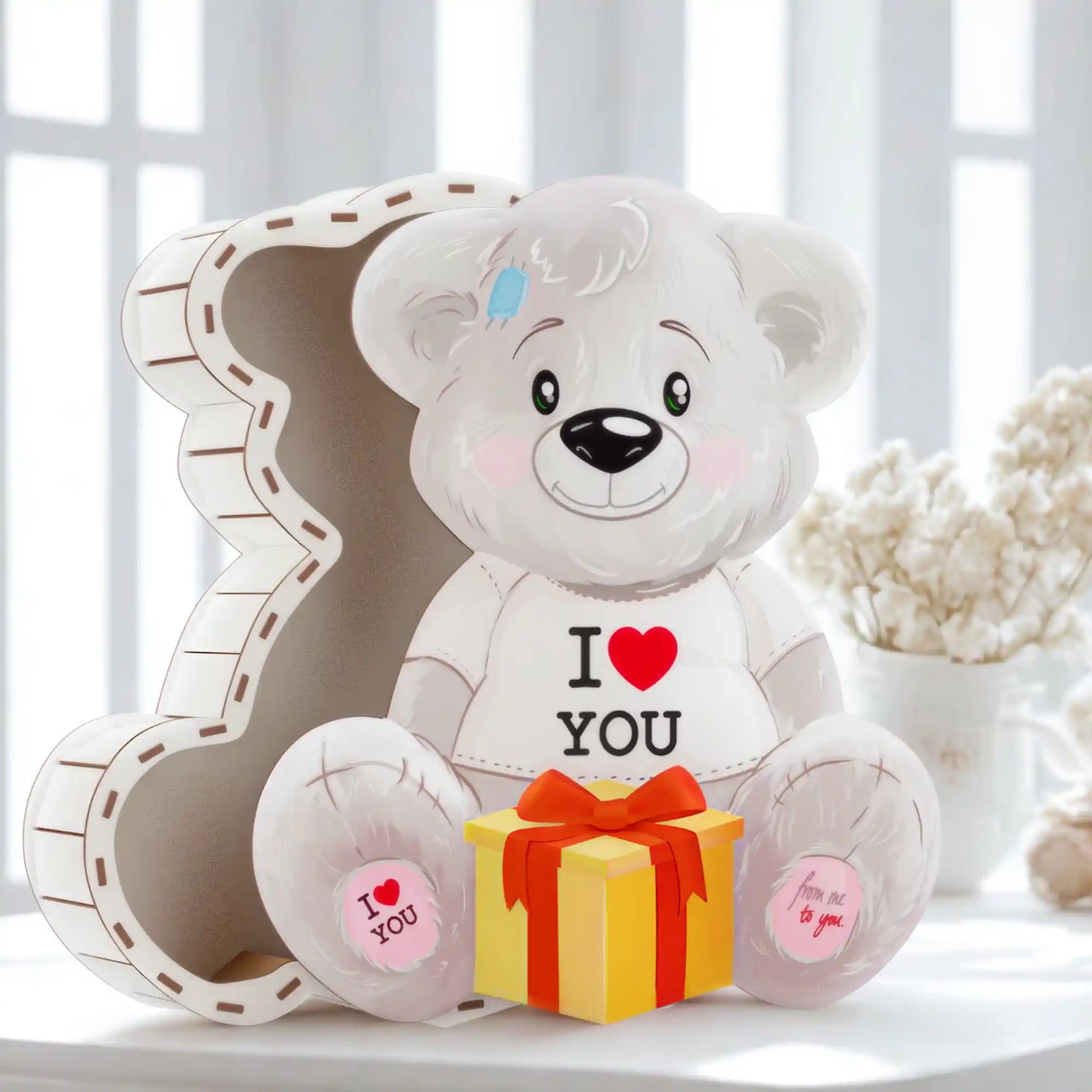 Leere weiße Teddybär-Box mit „I Love You“-Schriftzug – kreative Verpackung für persönliche Überraschungen.