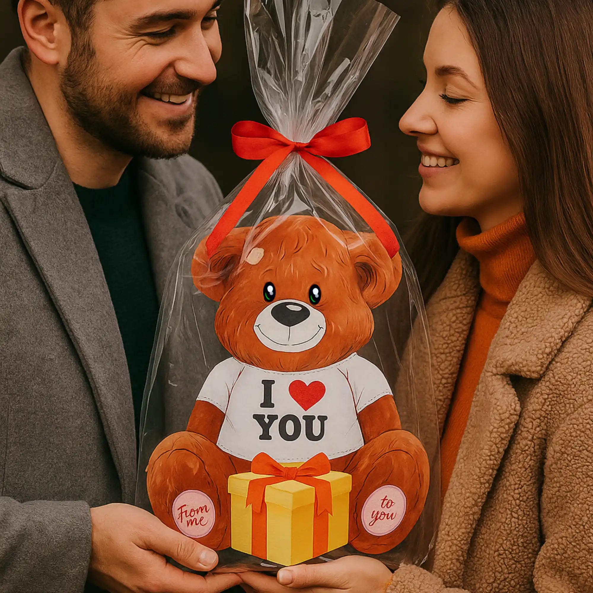 Romantisches Paar hält verpackte Teddybär-Box mit roter Schleife – liebevolles Geschenk zum Valentinstag, Geburtstag oder Jubiläum.