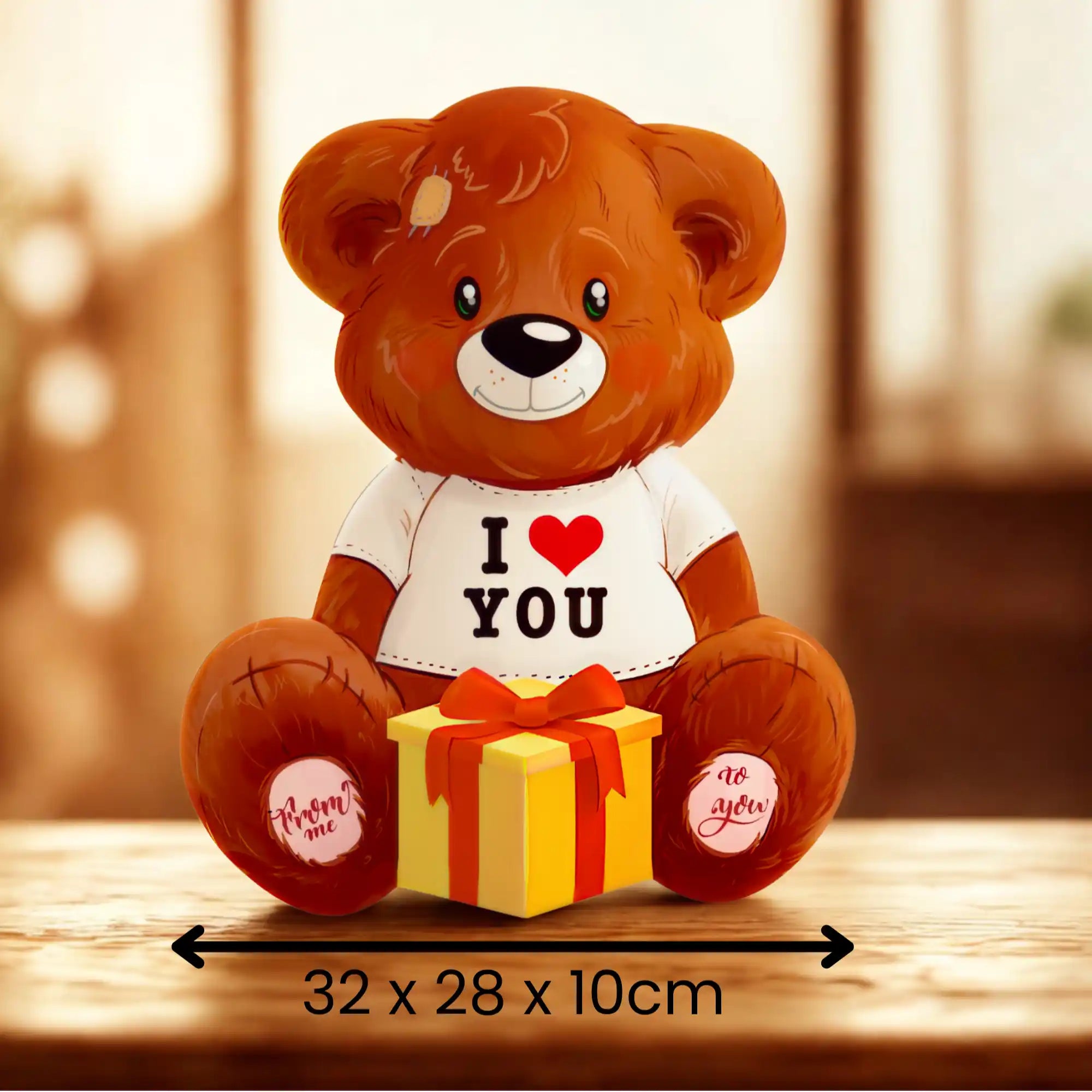 Teddybär-Box mit Geschenk-Symbol und Größenangabe 32 × 28 × 10 cm – hochwertige Verpackung für kleine Überraschungen.