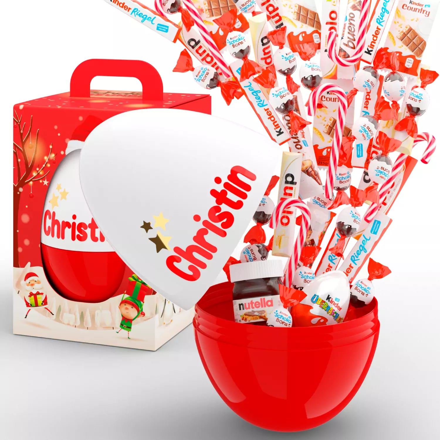 Festliche Geschenkbox mit rotem Ei, Weihnachtsmütze und Namensaufdruck – gefüllt mit feinen Süßigkeiten für große und kleine Genießer.